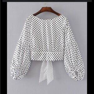ZARA Polka Dot Cotton Crop Top White Black Tie Back Puff Sleeve Blouse Small